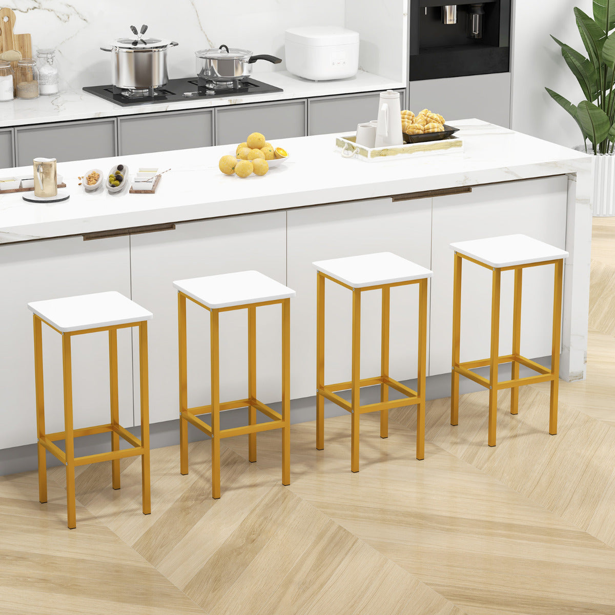 65 cm Square Bar Stools Set of 4 with Sturdy Metal Frames and Ergonomic Footrests-White