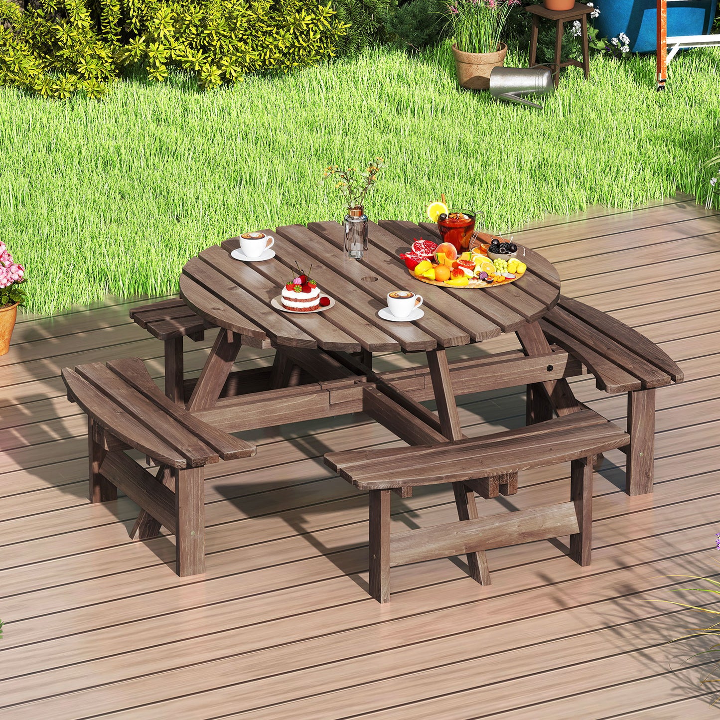 6/8-Person Round Picnic Table Set Circular Patio Dining Camping Table-Brown