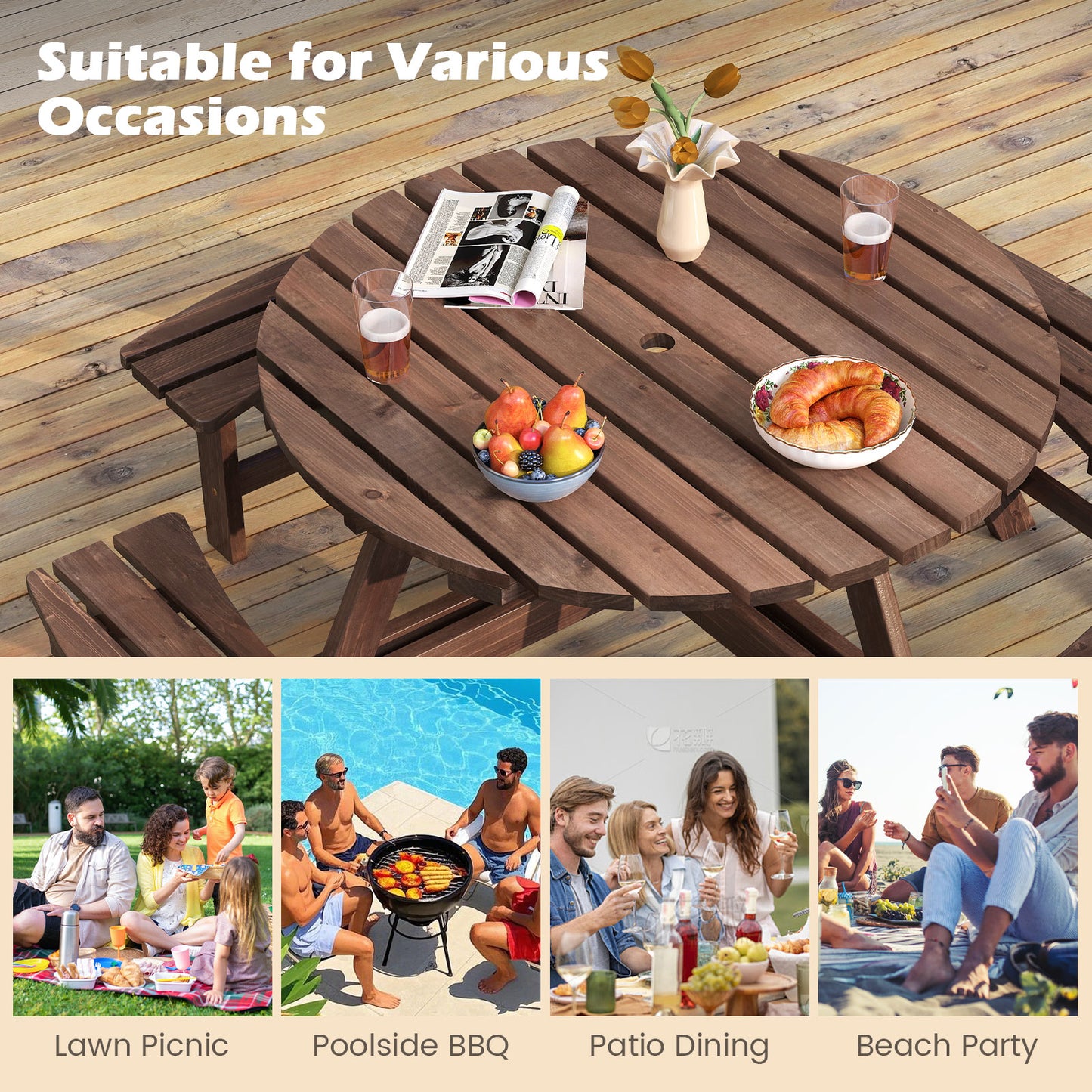 6/8-Person Round Picnic Table Set Circular Patio Dining Camping Table-Brown