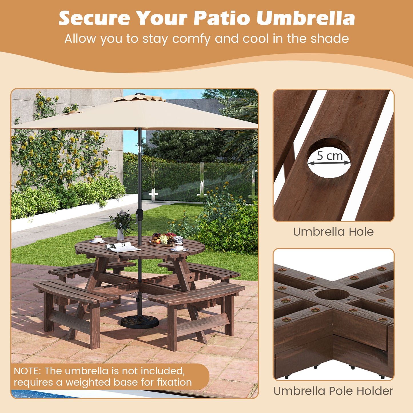 6/8-Person Round Picnic Table Set Circular Patio Dining Camping Table-Brown