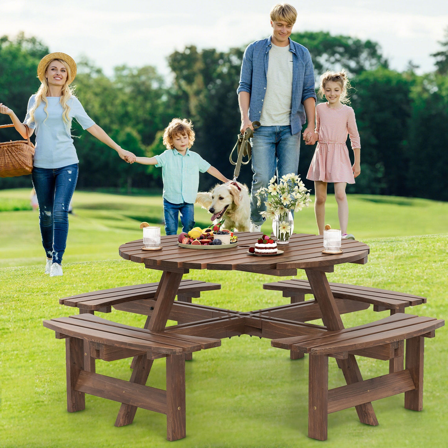 6/8-Person Round Picnic Table Set Circular Patio Dining Camping Table-Brown