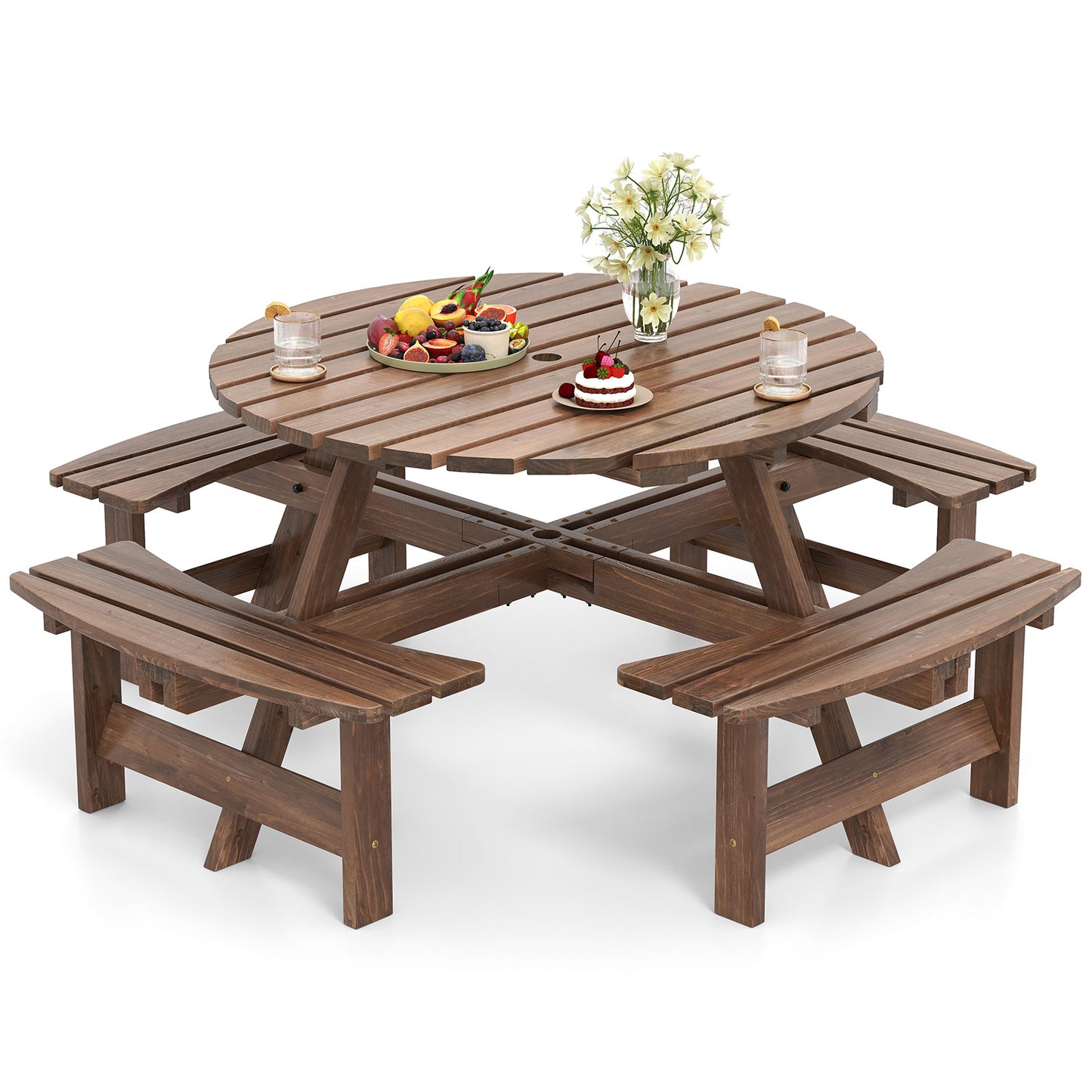 6/8-Person Round Picnic Table Set Circular Patio Dining Camping Table-Brown
