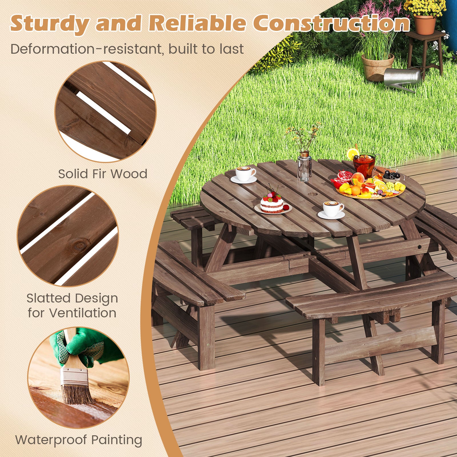 6/8-Person Round Picnic Table Set Circular Patio Dining Camping Table-Brown