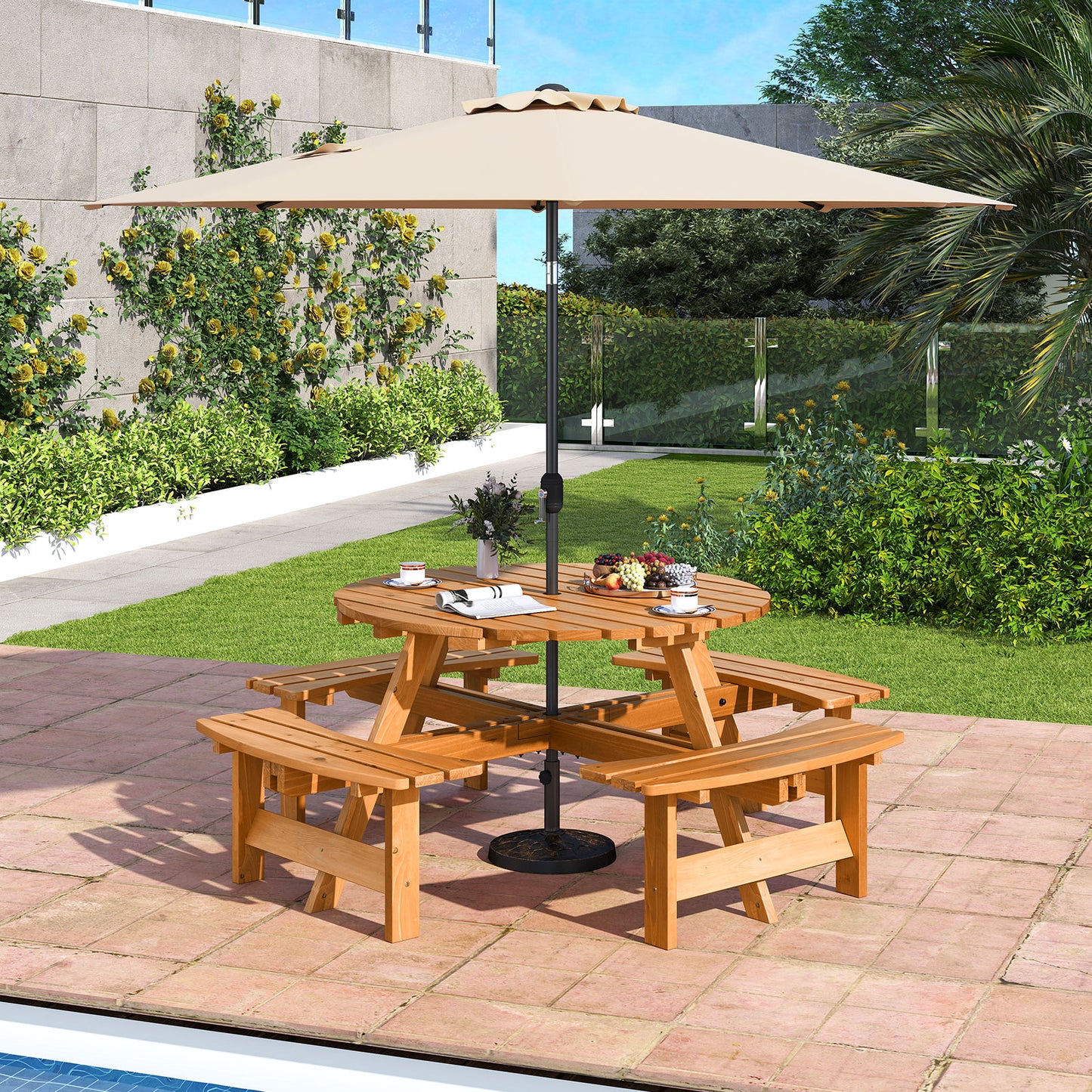 6/8-Person Round Picnic Table Set Circular Patio Dining Camping Table-Yellow