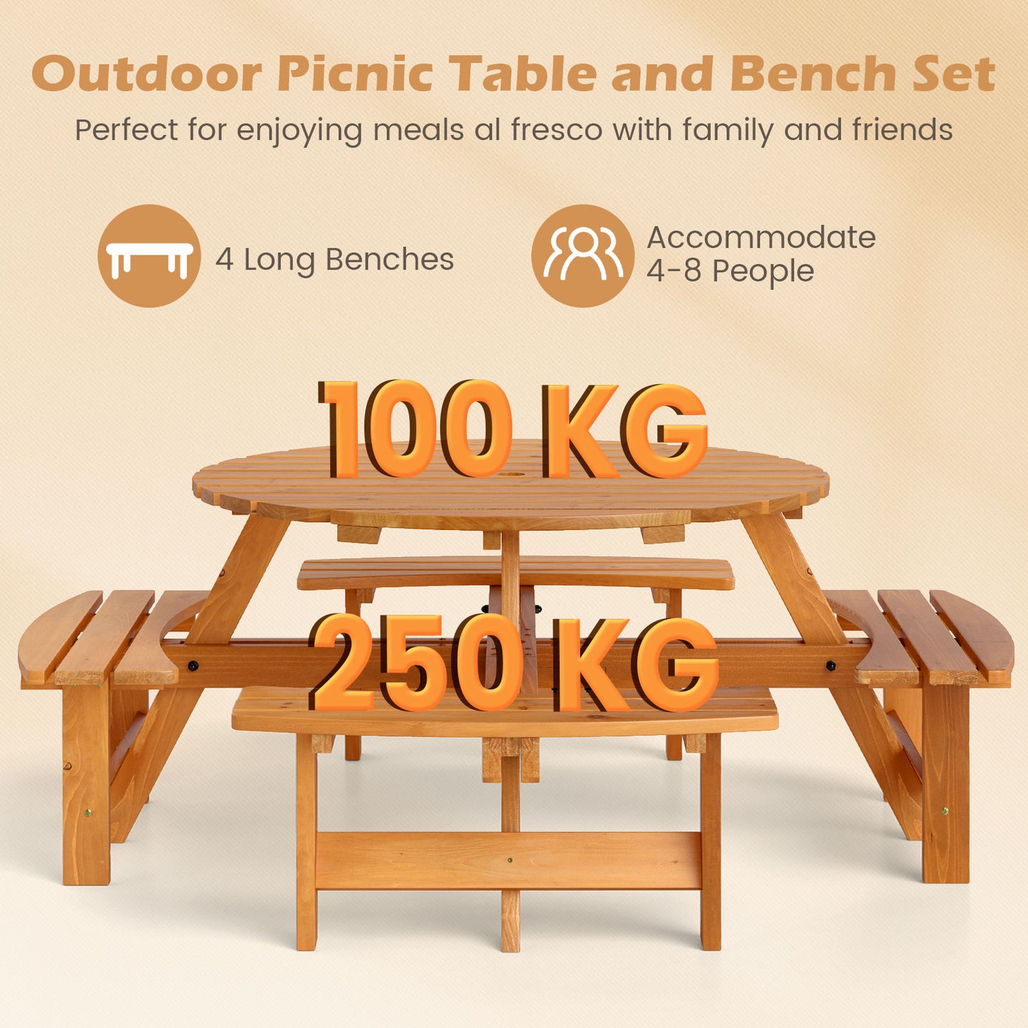 6/8-Person Round Picnic Table Set Circular Patio Dining Camping Table-Yellow