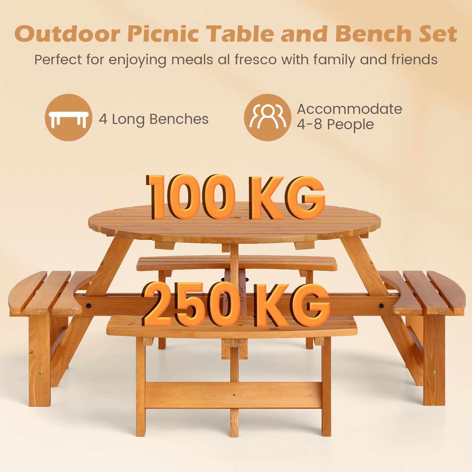 6/8-Person Round Picnic Table Set Circular Patio Dining Camping Table-Yellow