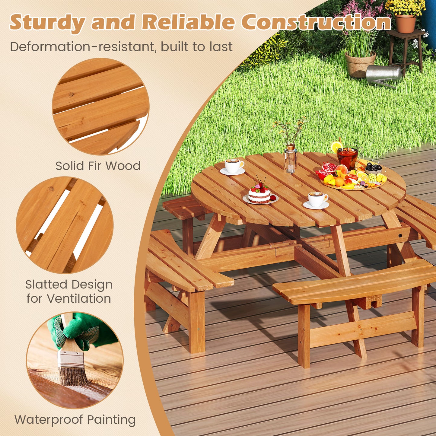 6/8-Person Round Picnic Table Set Circular Patio Dining Camping Table-Yellow