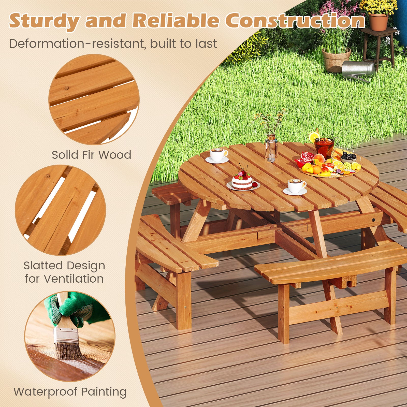 6/8-Person Round Picnic Table Set Circular Patio Dining Camping Table-Yellow