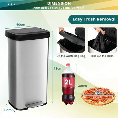 Costway 68L Step Trash Can Stainless Steel Airtight Garbage Bin-Silver
