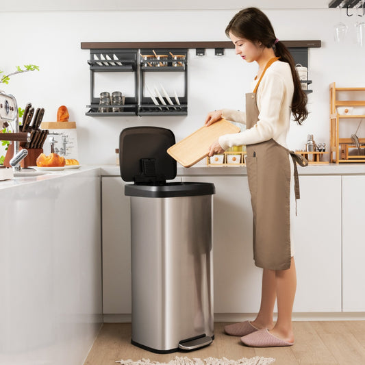 Costway 68L Step Trash Can Stainless Steel Airtight Garbage Bin-Silver