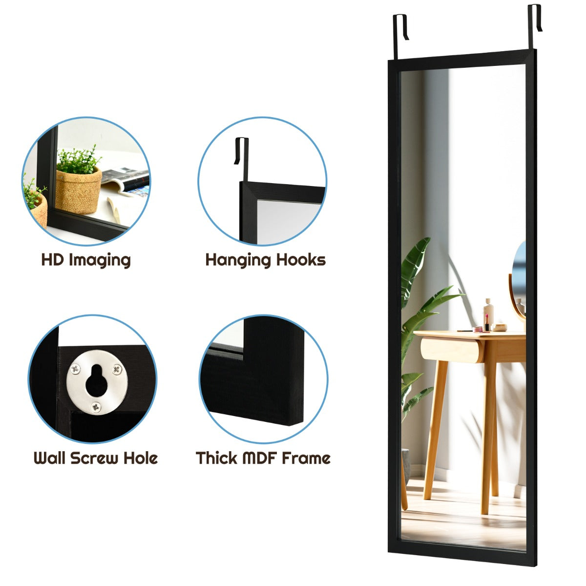 Wall Mounted Dressing Mirror with Hanging Hooks for Bedroom Black