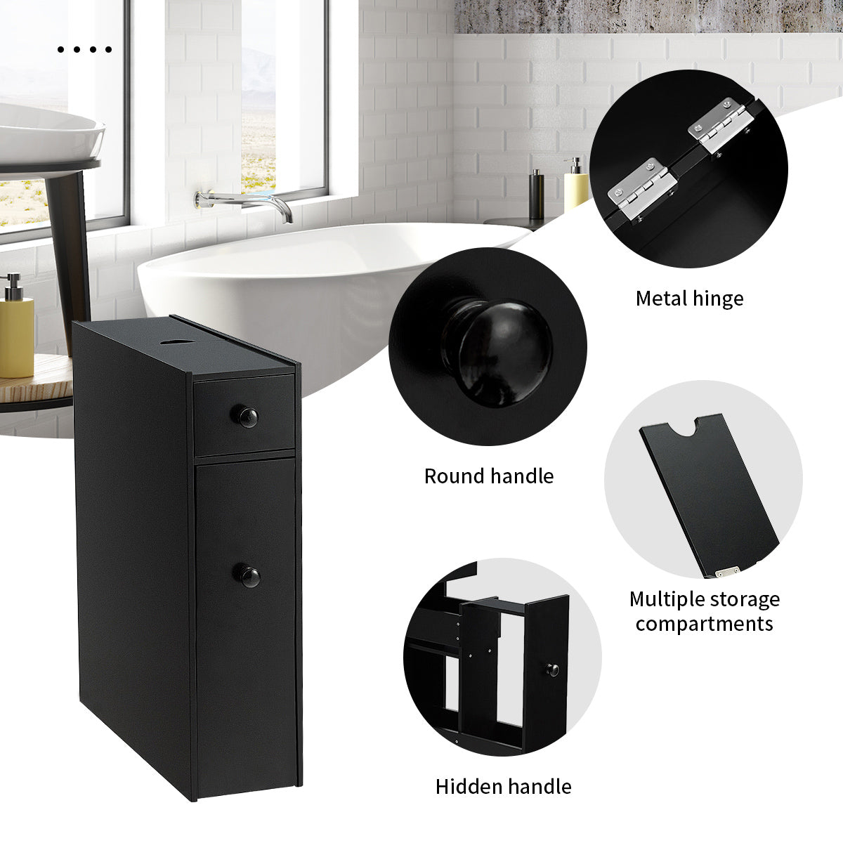 Freestanding  Slim Bathroom Storage Cabinet with Slide-out Drawers for Small/ Narrow Bathroom-Black