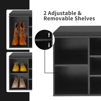 10-Cube Shoe Bench with Padded Cushions and Adjustable Shelves-Grey
