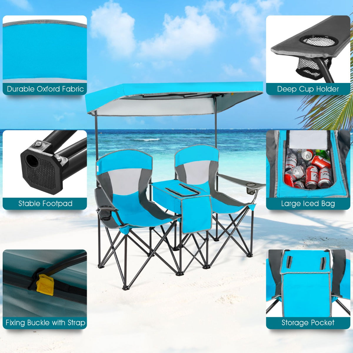Double Folding Camping Chair with Canopy and Armrests-Blue