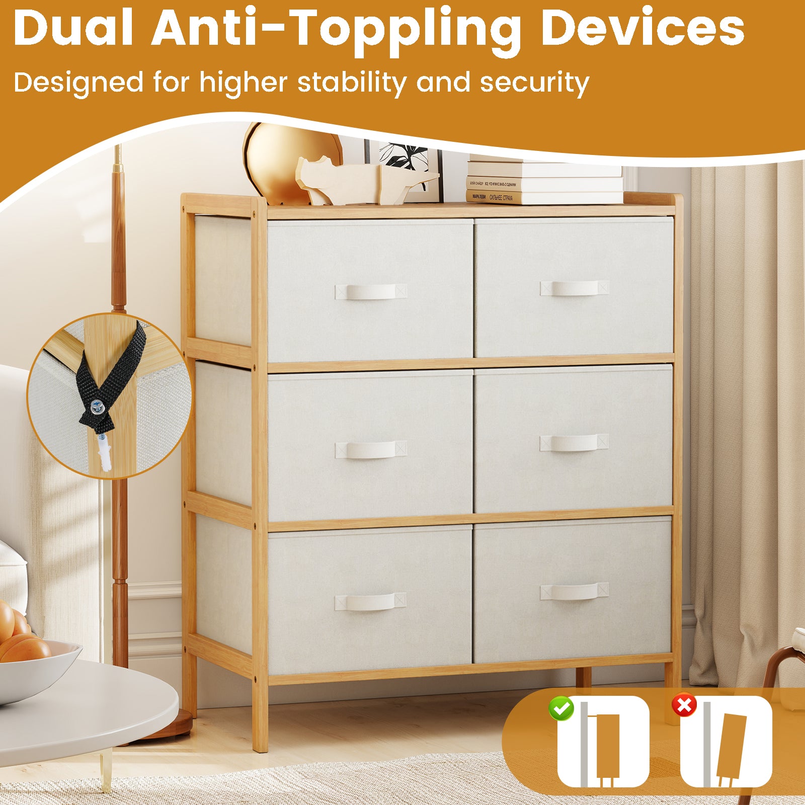 6-Drawer Dresser for Bedroom Bamboo Storage Tower-Natural