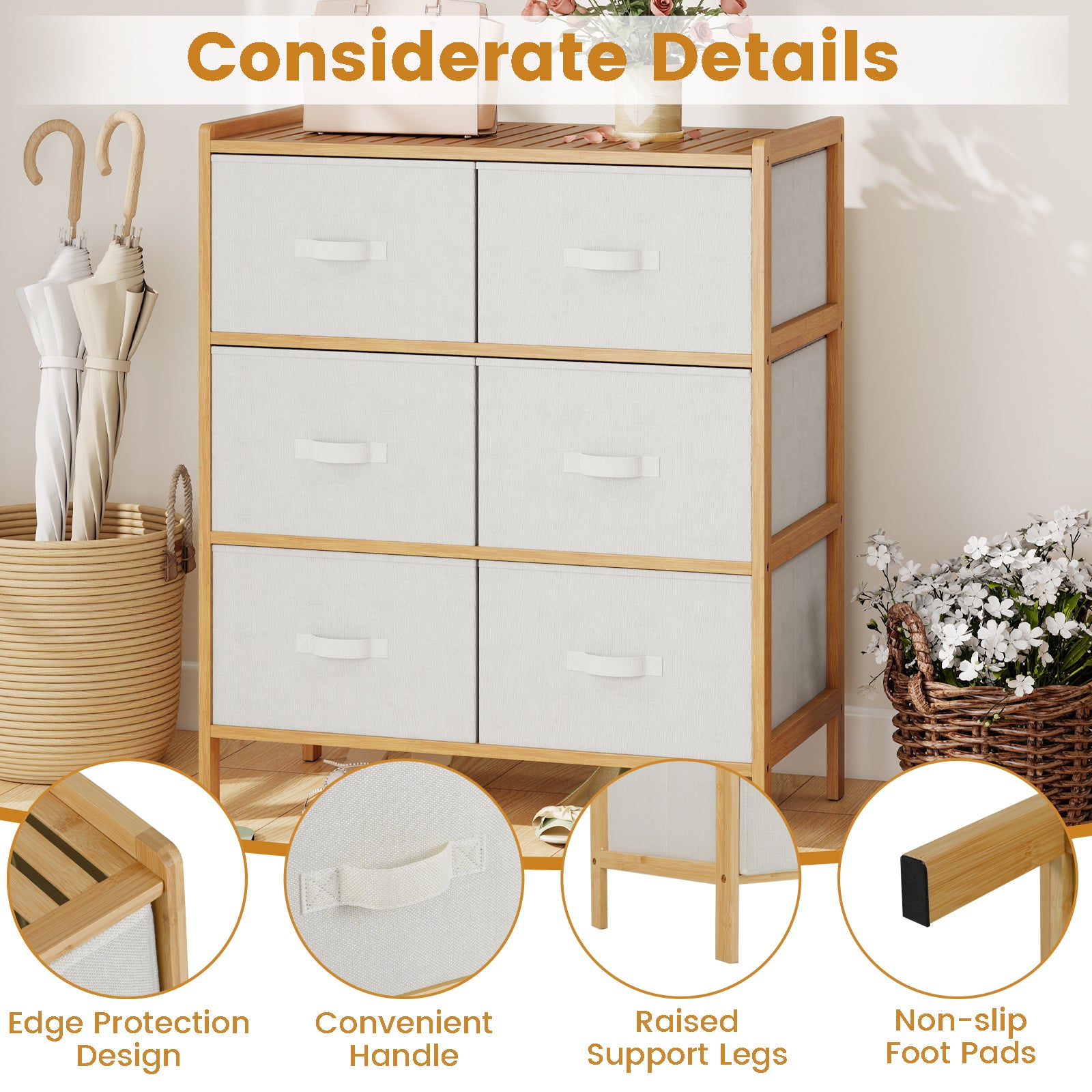 6-Drawer Dresser for Bedroom Bamboo Storage Tower-Natural