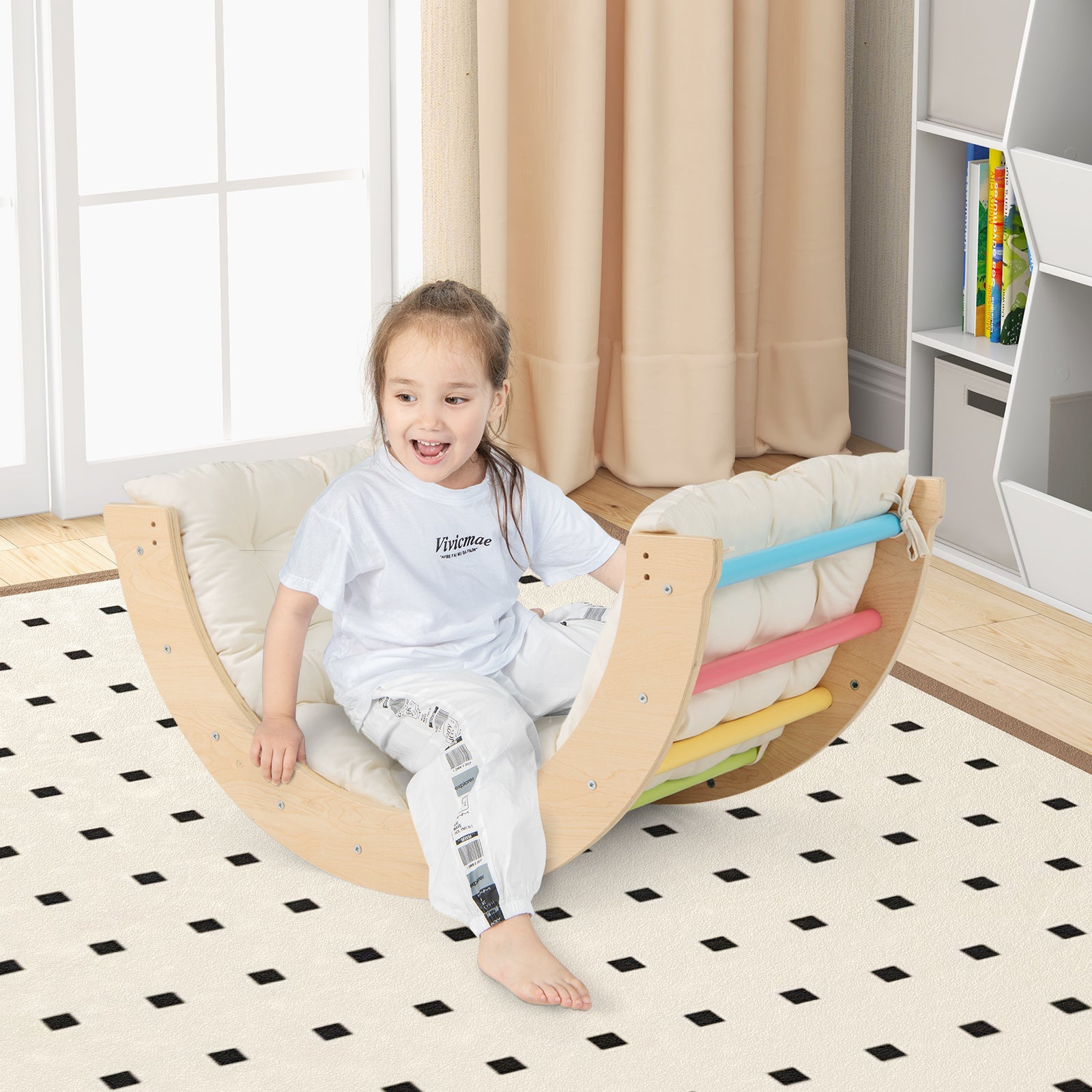 6 in 1 Kids Climbing Arch Playset Indoor Wooden Climbing Toy Rocker Chair-Colourful