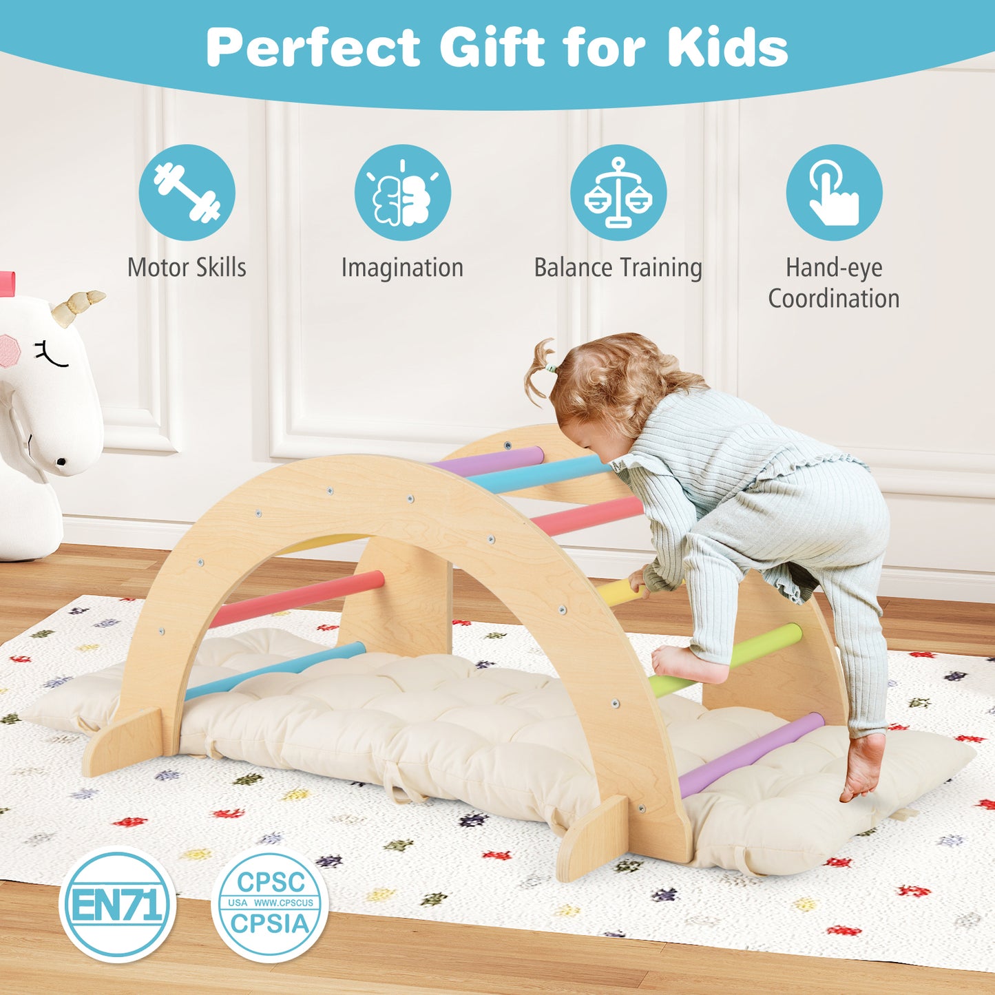 6 in 1 Kids Climbing Arch Playset Indoor Wooden Climbing Toy Rocker Chair-Colourful