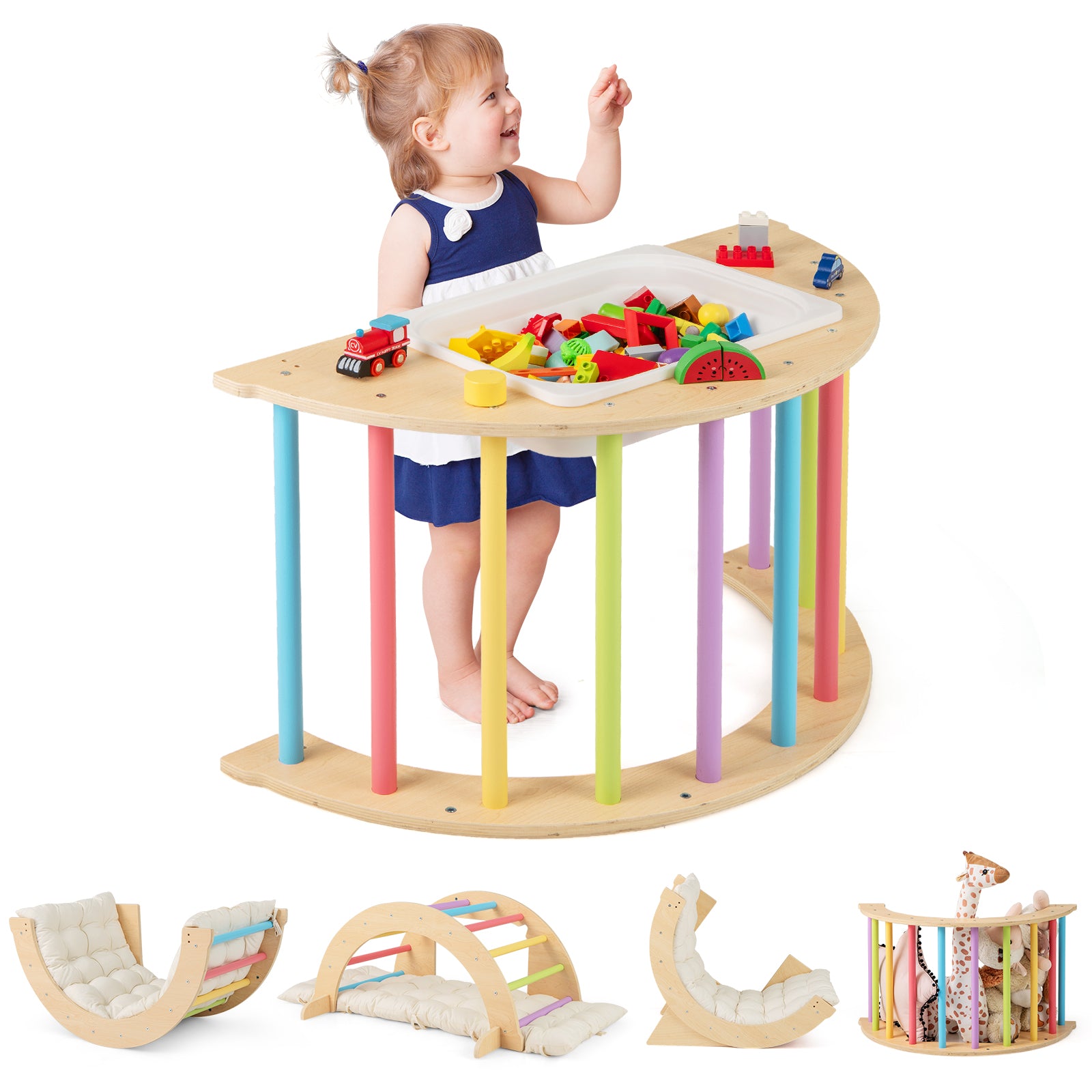 6 in 1 Kids Climbing Arch Playset Indoor Wooden Climbing Toy Rocker Chair-Colourful