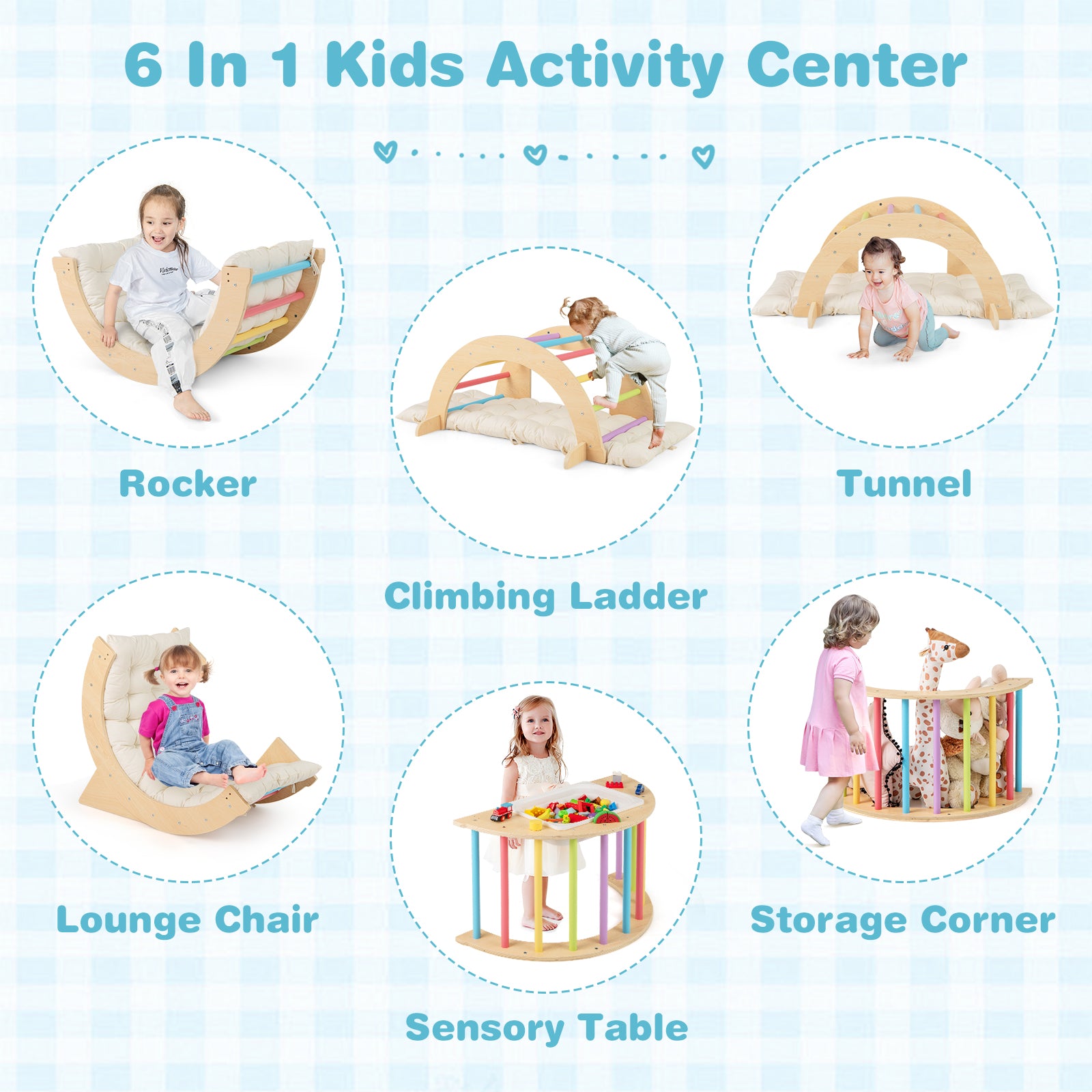 6 in 1 Kids Climbing Arch Playset Indoor Wooden Climbing Toy Rocker Chair-Colourful