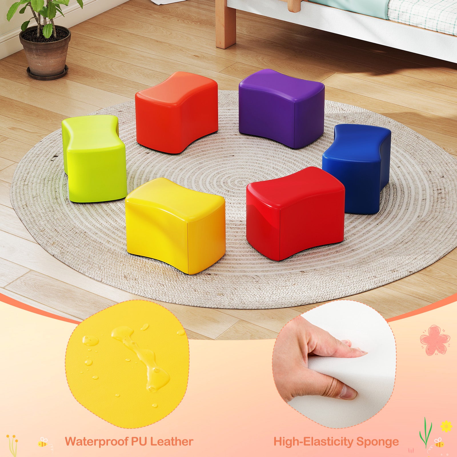 6 PCS Butterfly Stools with Detachable PU Leather Cover for Kids-Rainbow