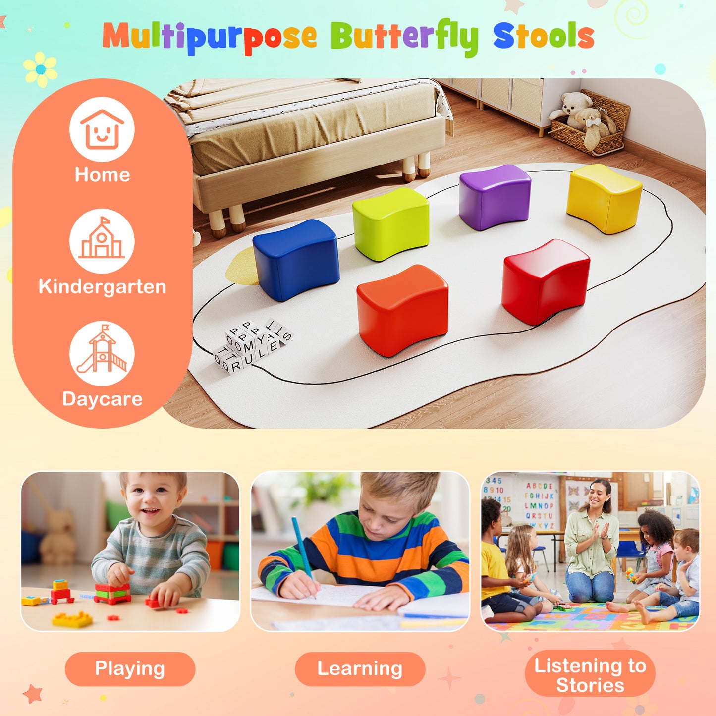 6 PCS Butterfly Stools with Detachable PU Leather Cover for Kids-Rainbow