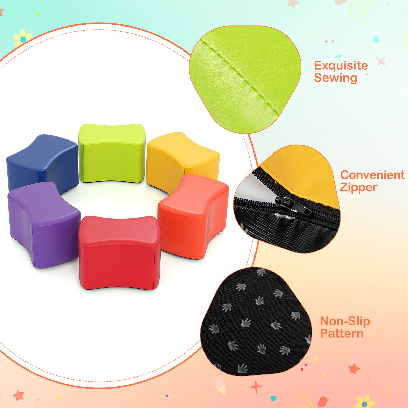 6 PCS Butterfly Stools with Detachable PU Leather Cover for Kids-Rainbow