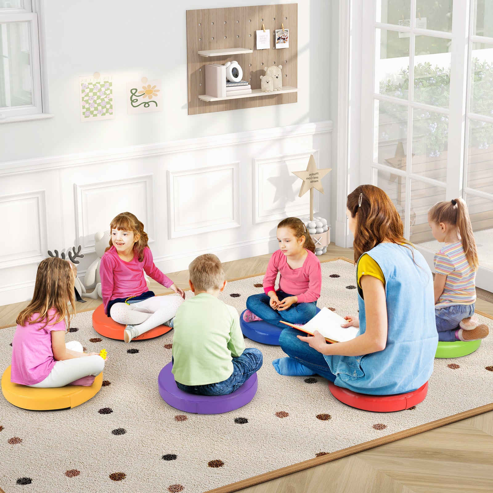 6 PCS Round Floor Cushions for Kids 35cm Classroom Floor Cushions with Handles-Colourful