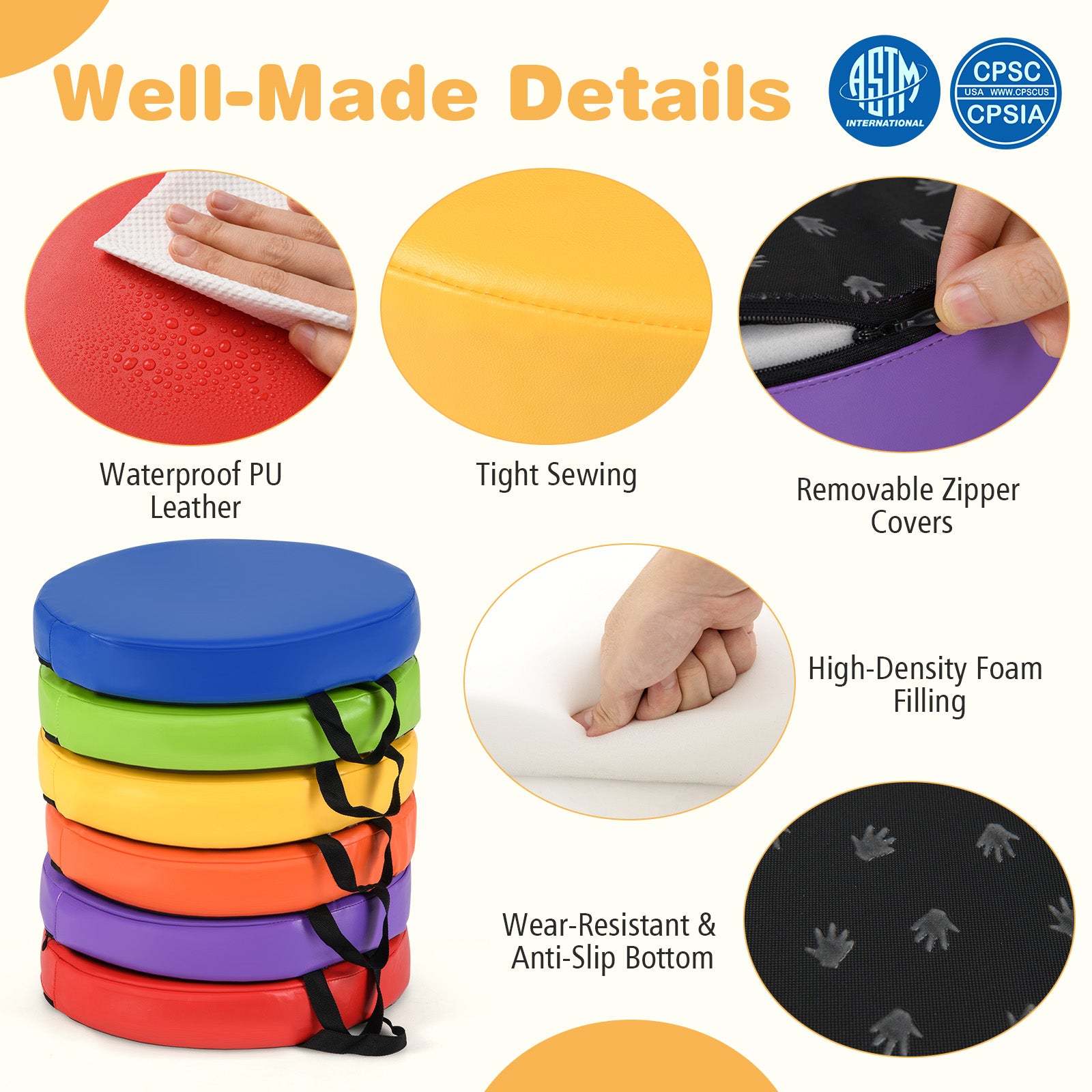 6 PCS Round Floor Cushions for Kids 35cm Classroom Floor Cushions with Handles-Colourful
