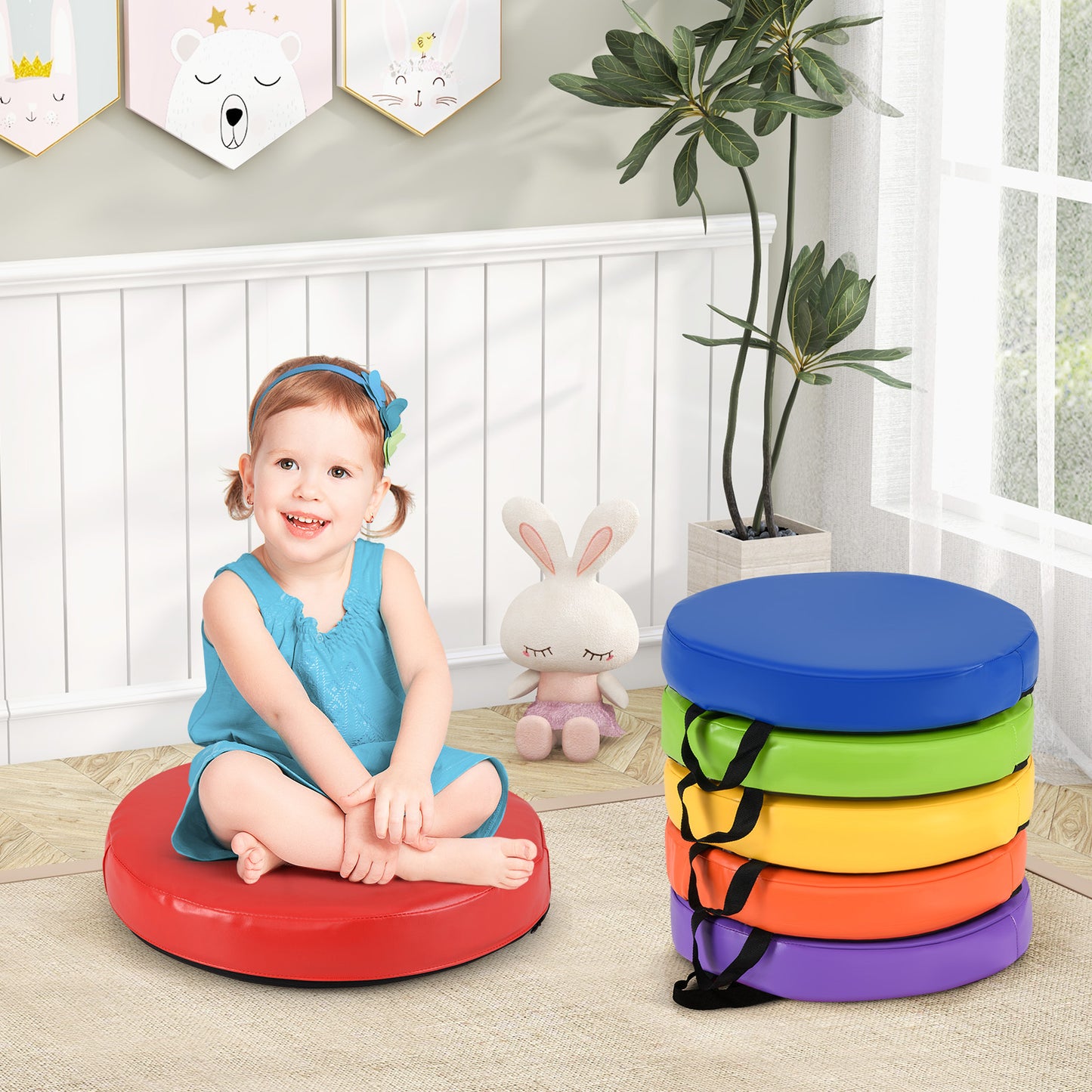 6 PCS Round Floor Cushions for Kids 35cm Classroom Floor Cushions with Handles-Colourful