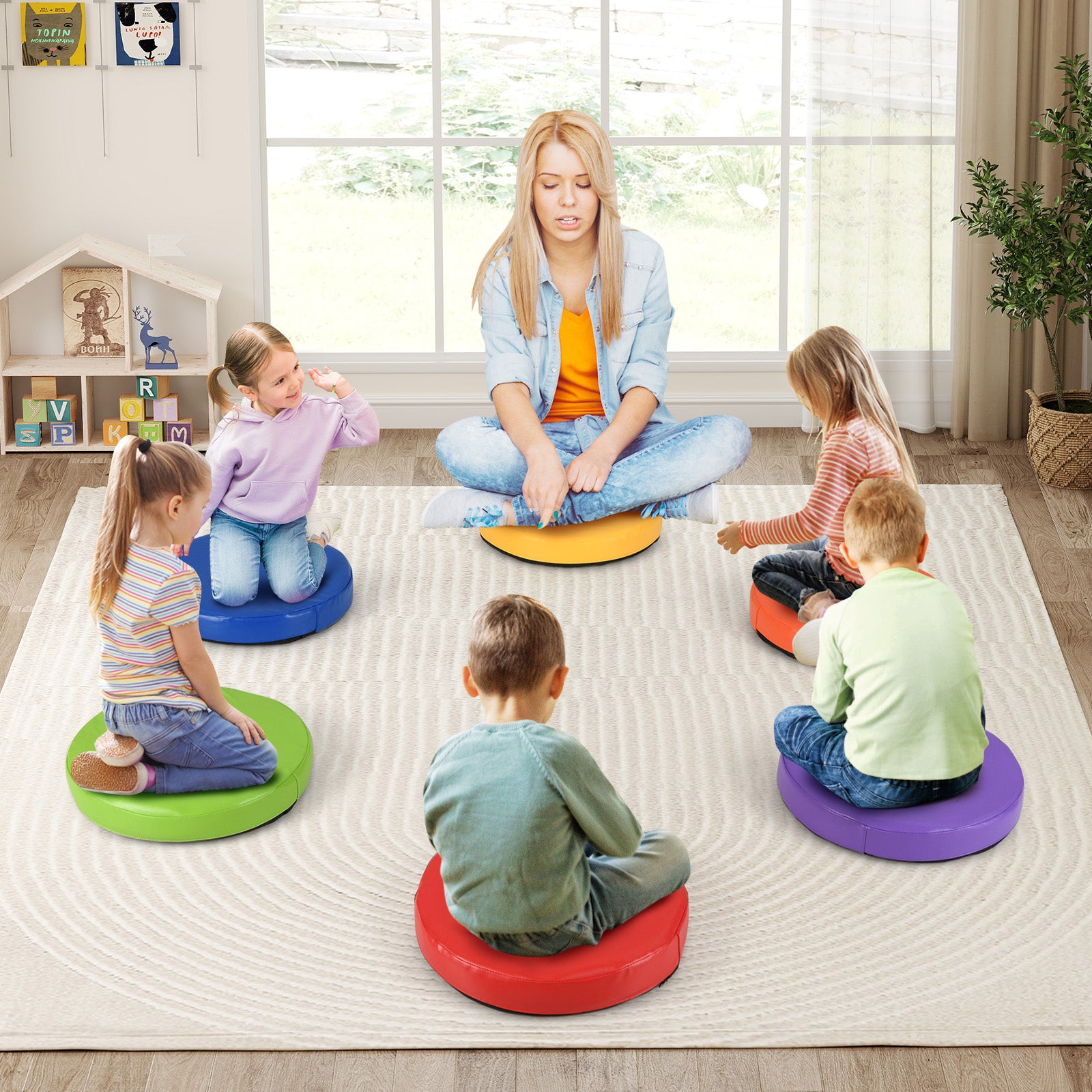 6 PCS Round Floor Cushions for Kids 35cm Classroom Floor Cushions with Handles-Colourful