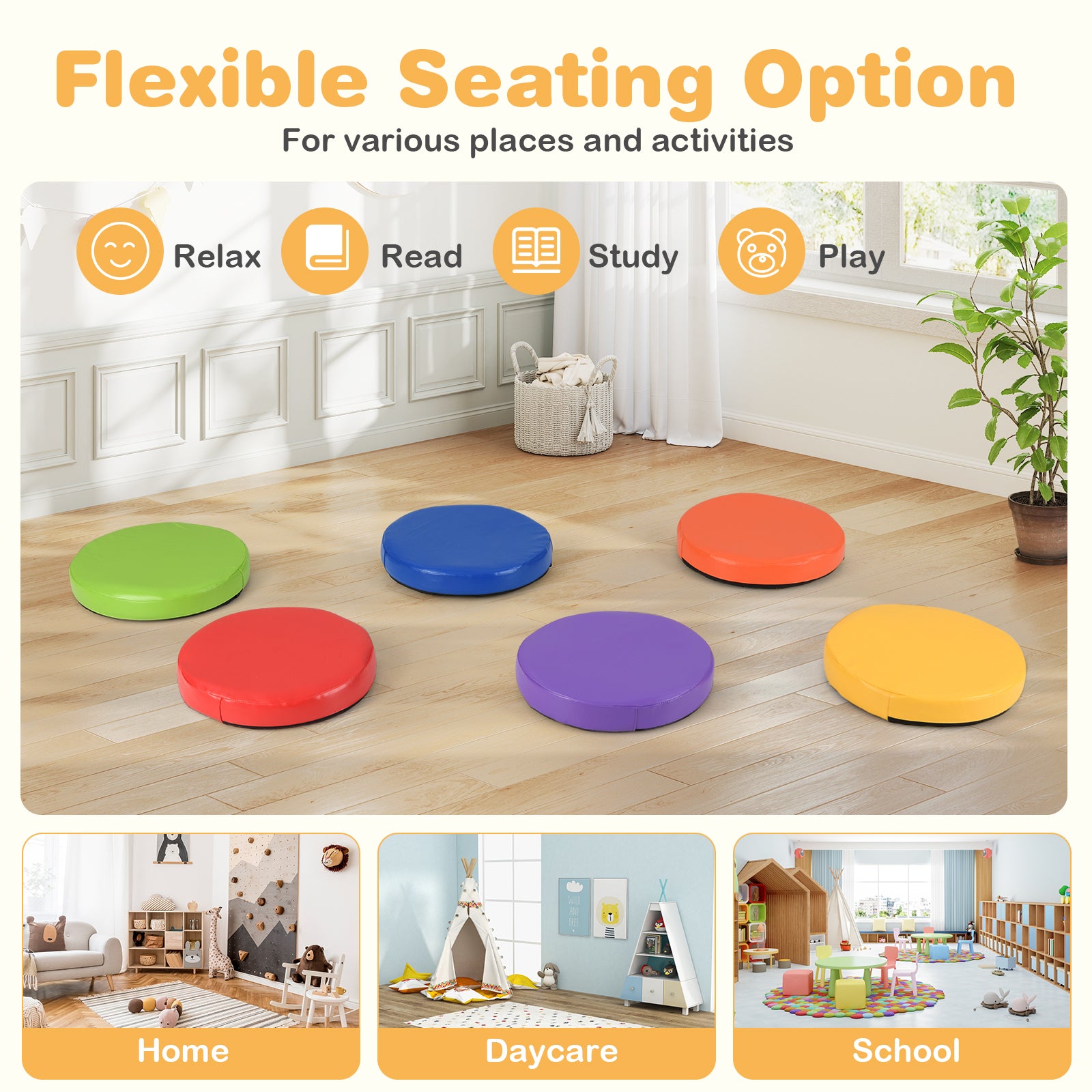 6 PCS Round Floor Cushions for Kids 35cm Classroom Floor Cushions with Handles-Colourful