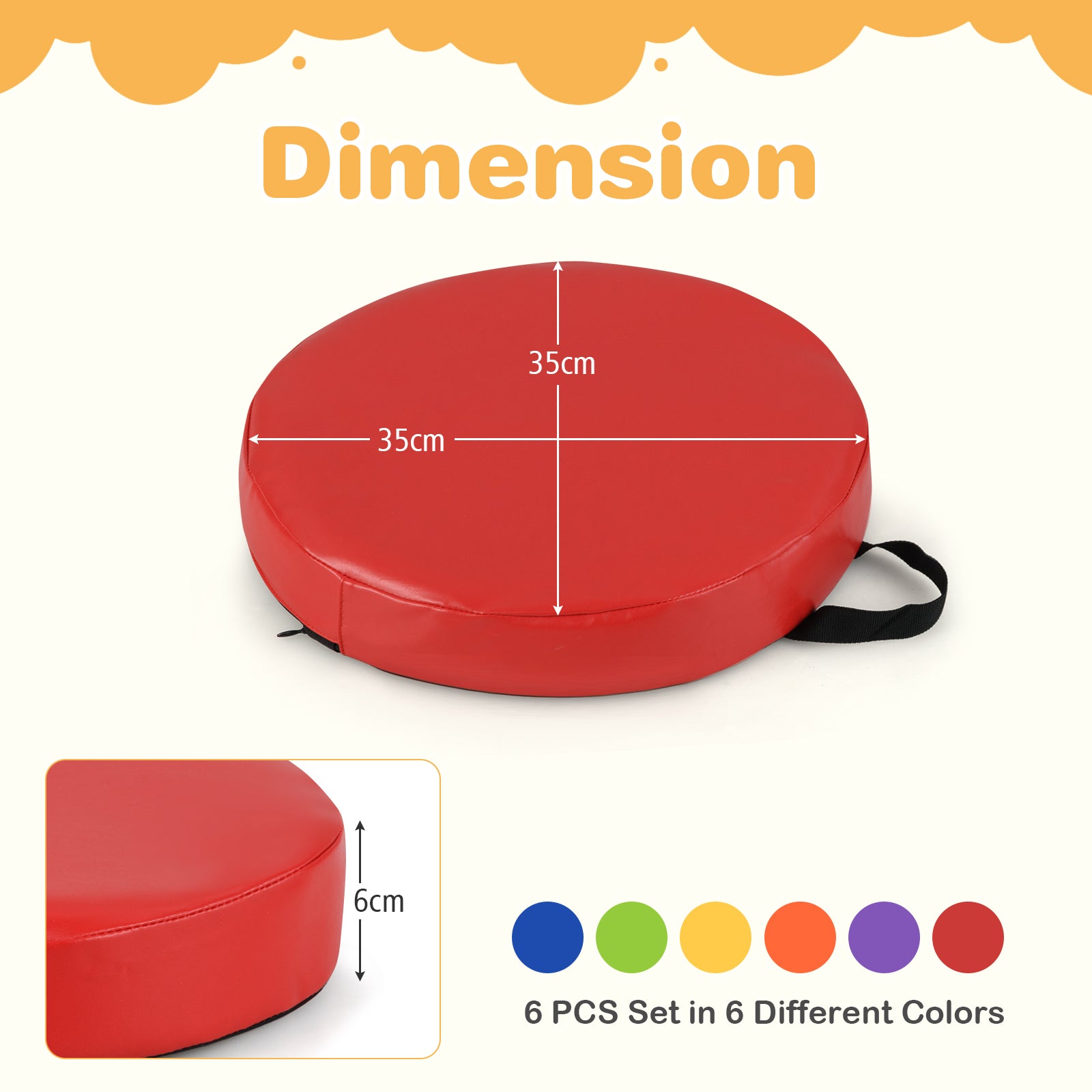 6 PCS Round Floor Cushions for Kids 35cm Classroom Floor Cushions with Handles-Colourful