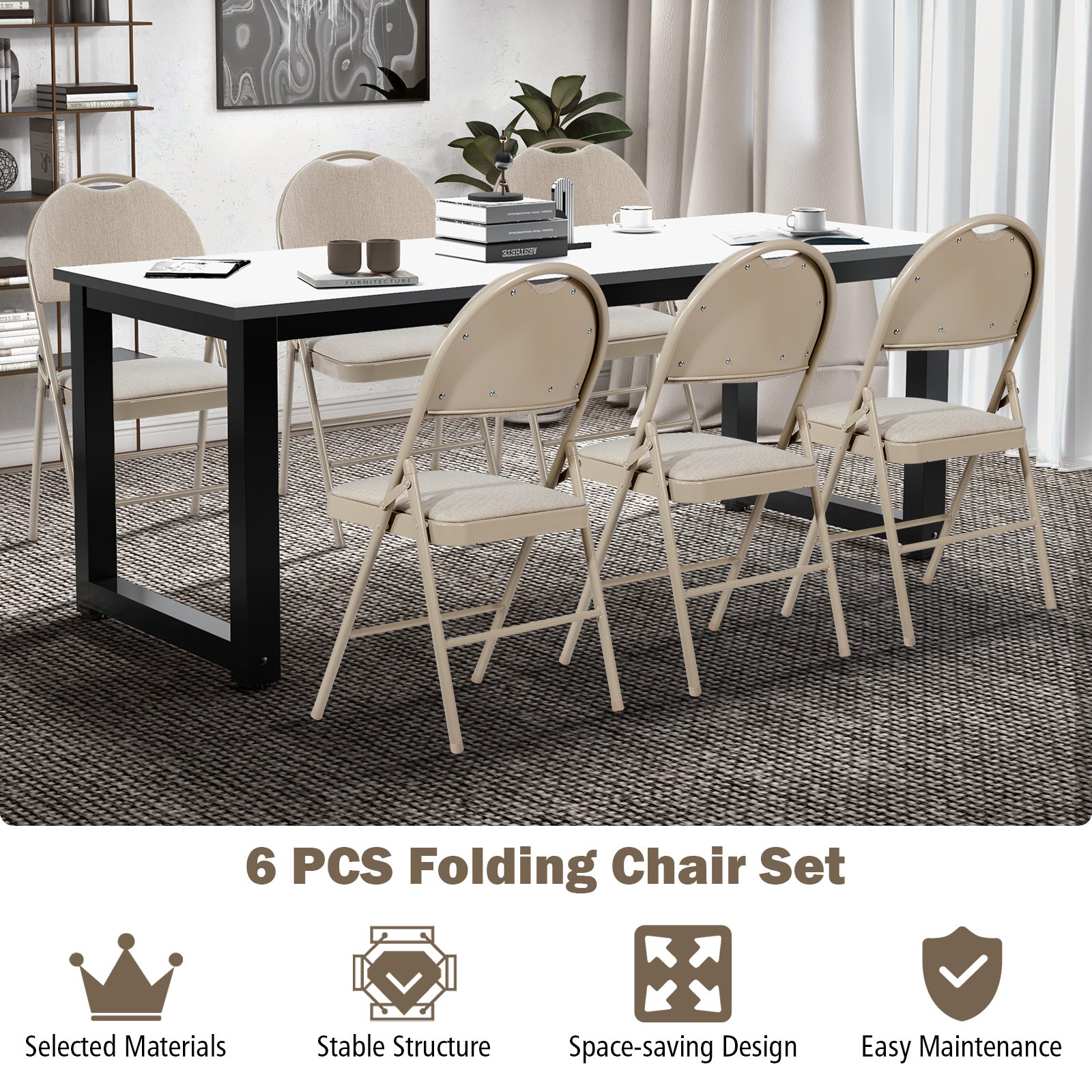 6 Pieces Foldable Chairs Portable Folding Chairs with Padded Seat-Beige