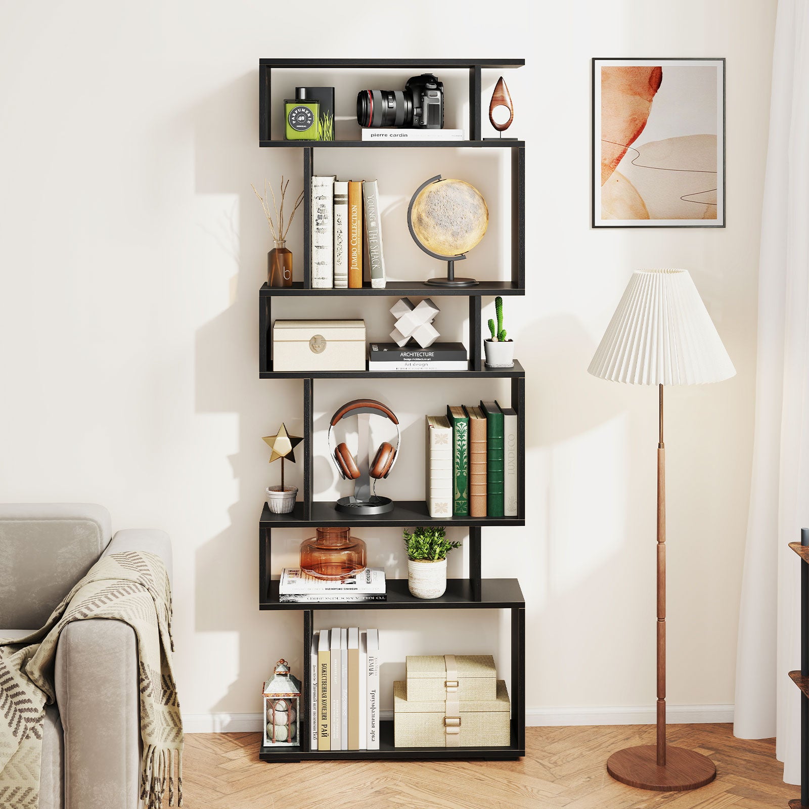 6-Tier Geometric Bookshelf with 2 Anti-Tipping Kits-Black