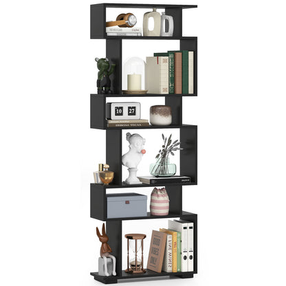 6-Tier Geometric Bookshelf with 2 Anti-Tipping Kits-Black