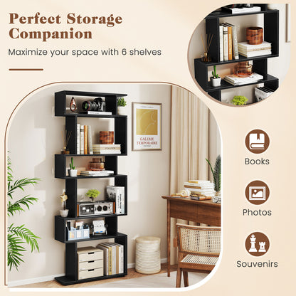 6-Tier Geometric Bookshelf with 2 Anti-Tipping Kits-Black