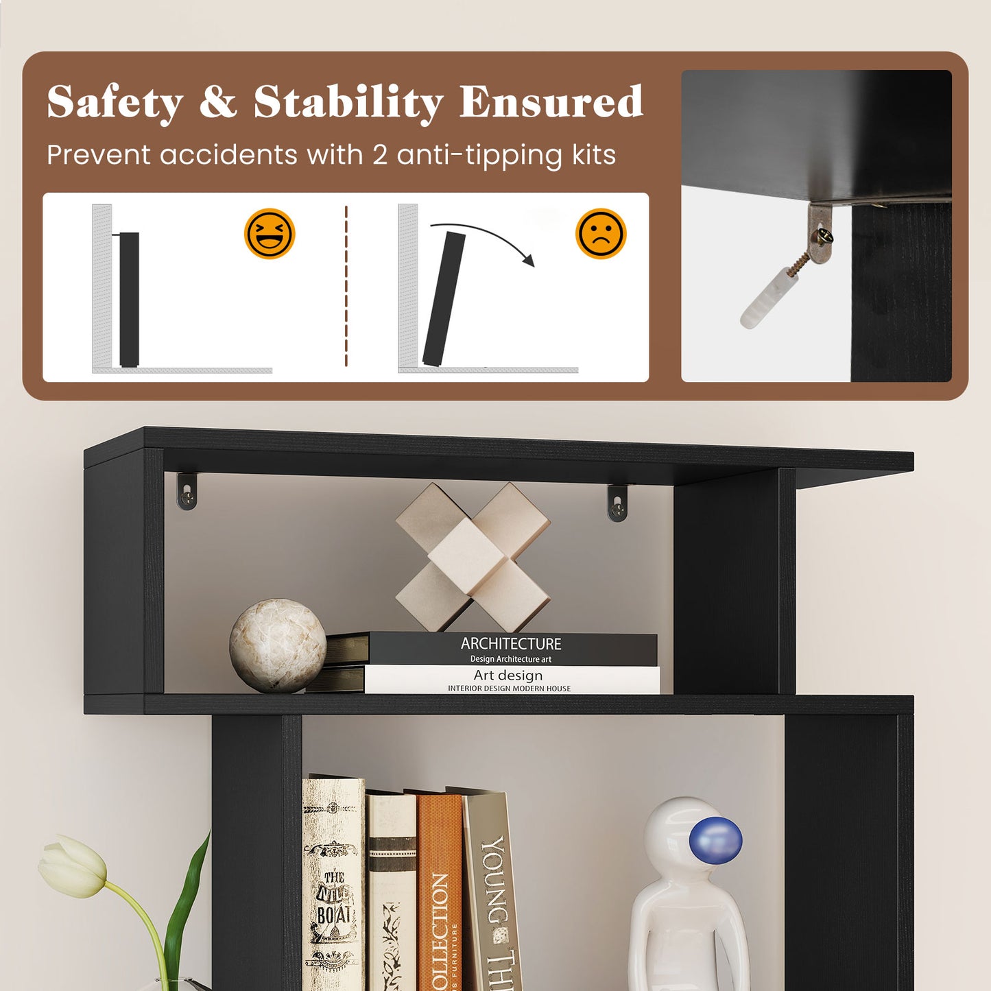 6-Tier Geometric Bookshelf with 2 Anti-Tipping Kits-Black