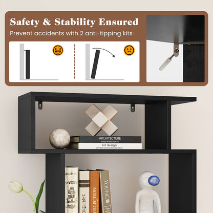 6-Tier Geometric Bookshelf with 2 Anti-Tipping Kits-Black