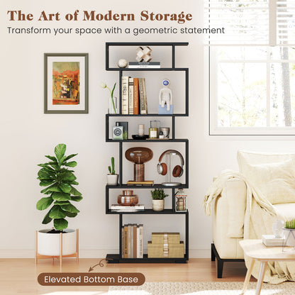 6-Tier Geometric Bookshelf with 2 Anti-Tipping Kits-Black