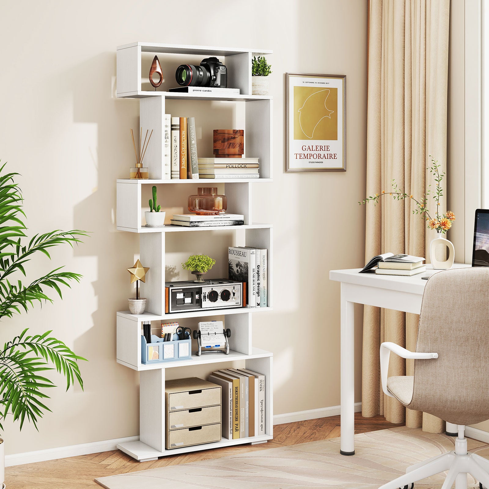 6-Tier Geometric Bookshelf with 2 Anti-Tipping Kits-White