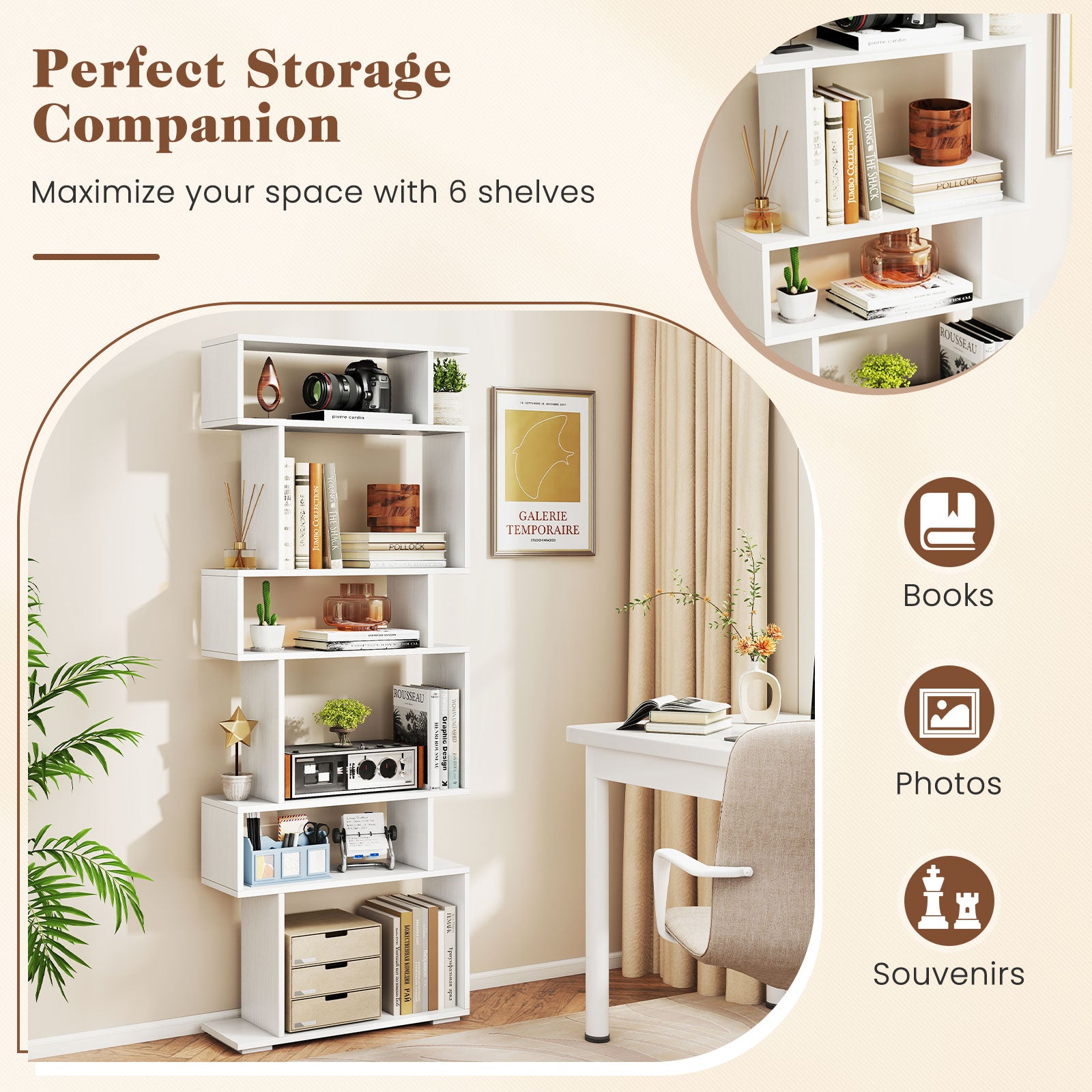 6-Tier Geometric Bookshelf with 2 Anti-Tipping Kits-White