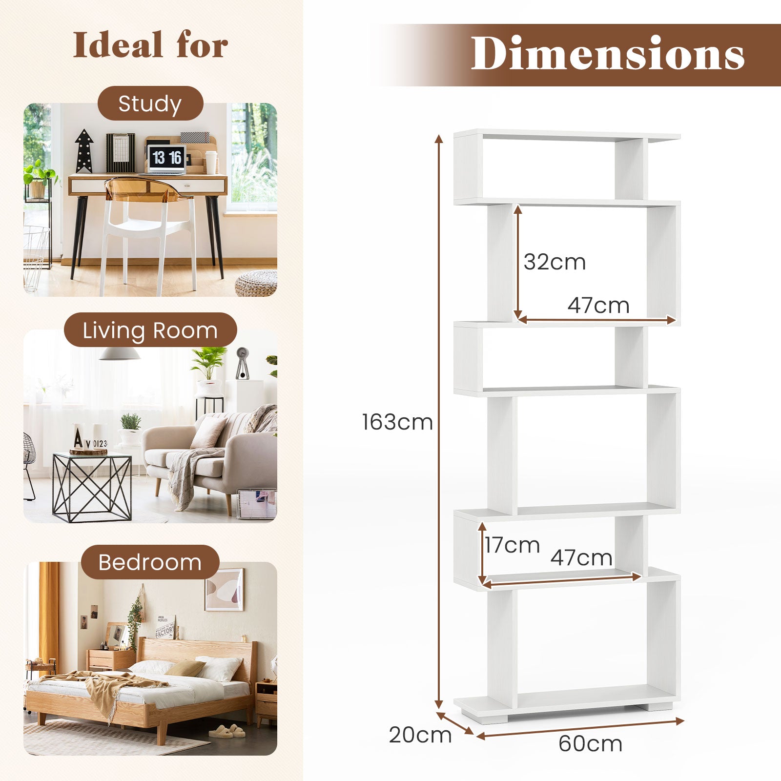 6-Tier Geometric Bookshelf with 2 Anti-Tipping Kits-White