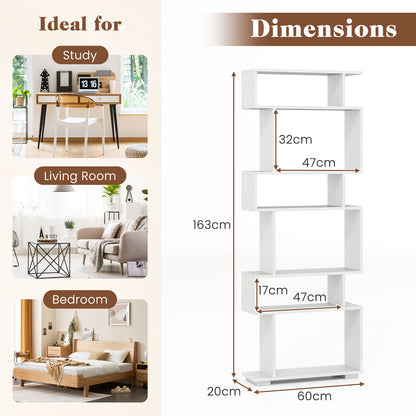 6-Tier Geometric Bookshelf with 2 Anti-Tipping Kits-White
