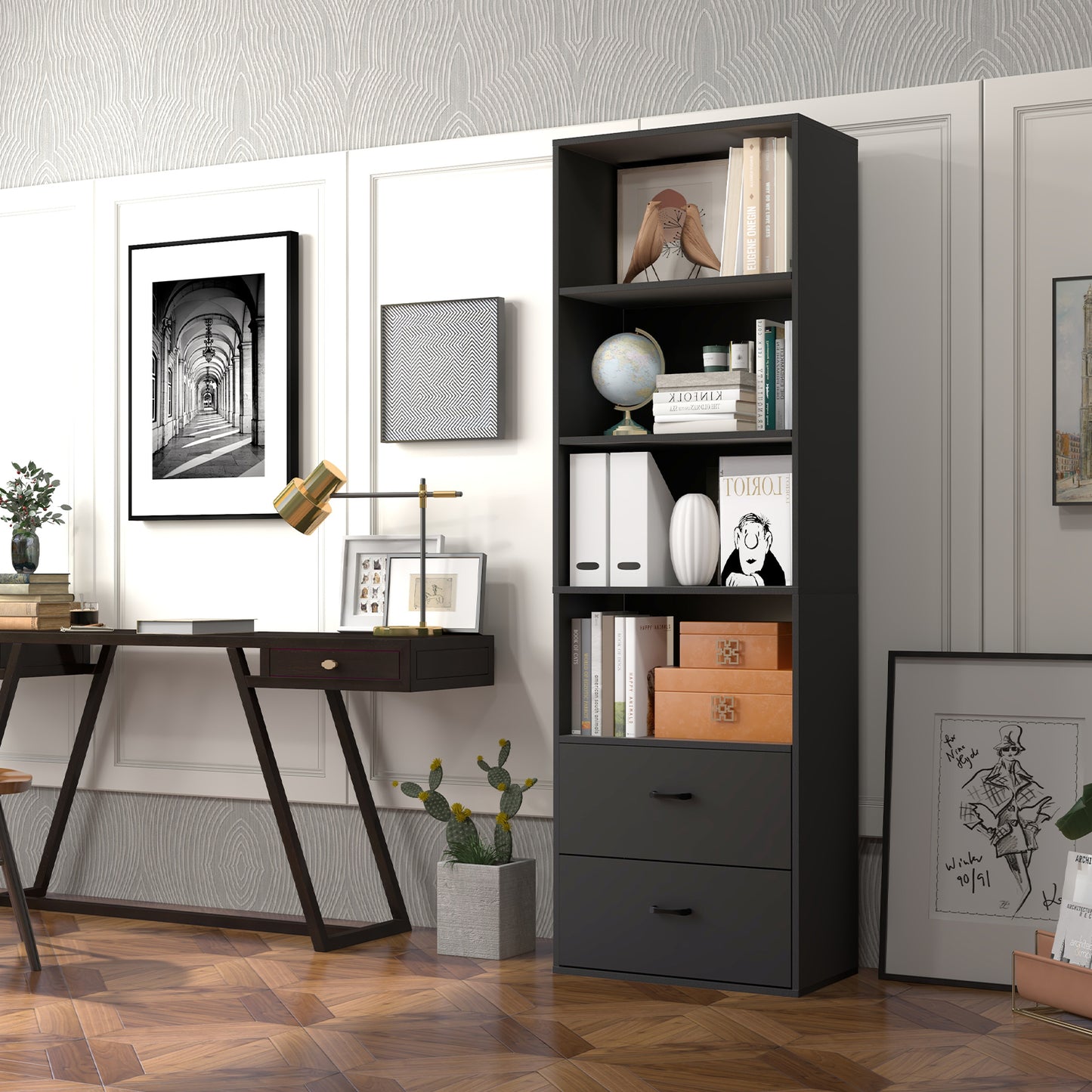 6-Tier Modern Bookcase 4-tier Open Bookshelf with 2 Slide-out Drawers-Black