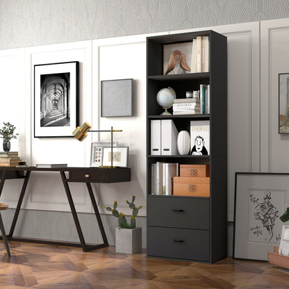 6-Tier Modern Bookcase 4-tier Open Bookshelf with 2 Slide-out Drawers-Black