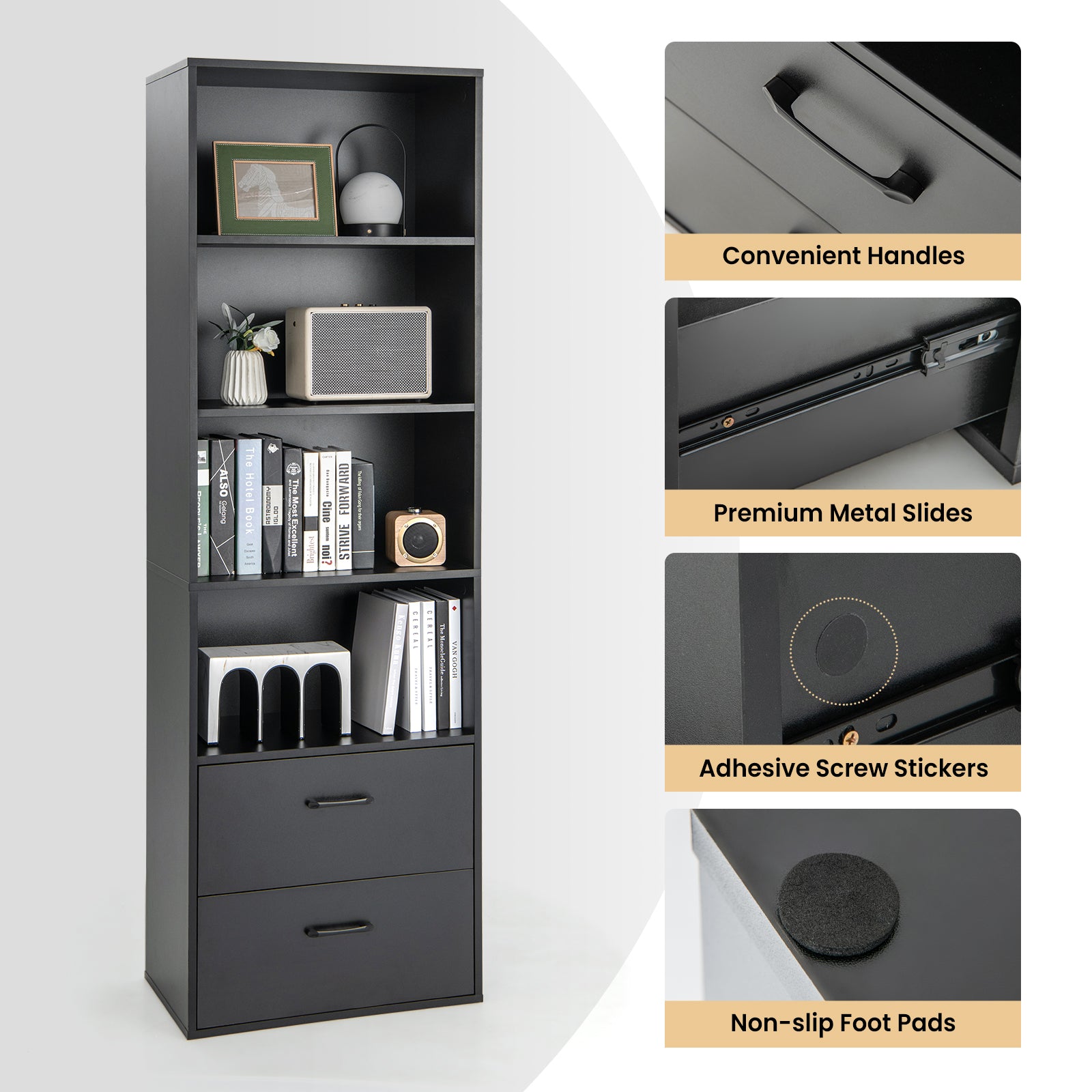 6-Tier Modern Bookcase 4-tier Open Bookshelf with 2 Slide-out Drawers-Black