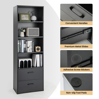 6-Tier Modern Bookcase 4-tier Open Bookshelf with 2 Slide-out Drawers-Black