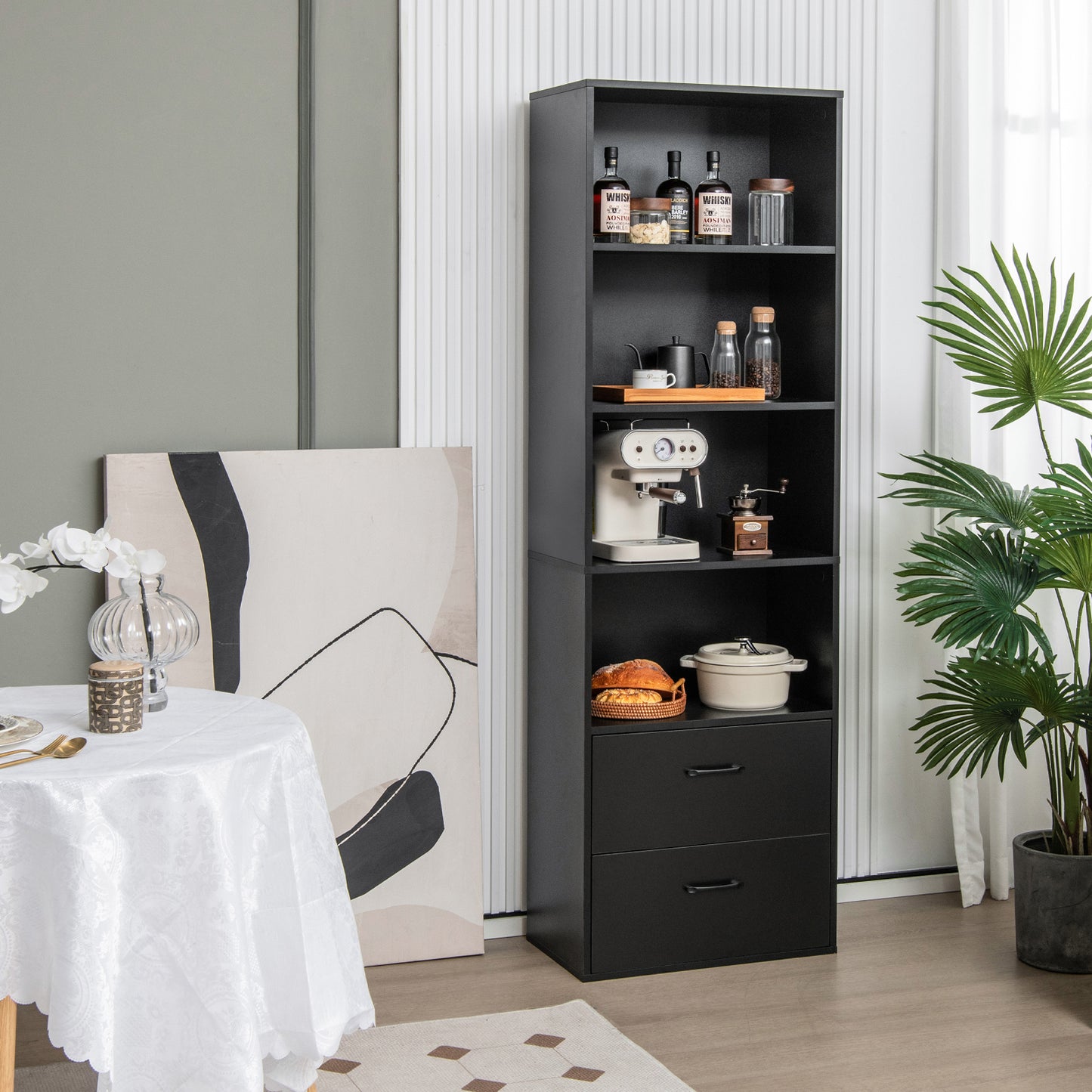 6-Tier Modern Bookcase 4-tier Open Bookshelf with 2 Slide-out Drawers-Black