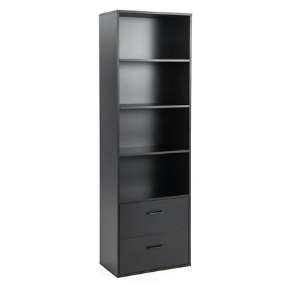 6-Tier Modern Bookcase 4-tier Open Bookshelf with 2 Slide-out Drawers-Black